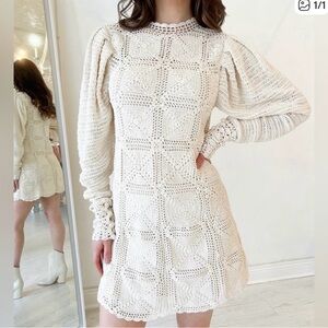 Elegant White Crochet Long Sleeve Dress